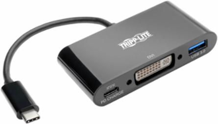 USB-C to DVI Adapter with USB-A Port, 1080p, PD Charging, Black