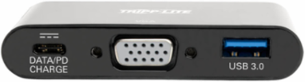 USB-C to VGA Adapter with USB-A Hub, 1080p, PD Charging, Black