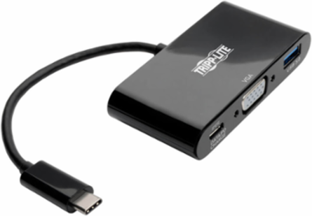 USB-C to VGA Adapter with USB-A Hub, 1080p, PD Charging, Black