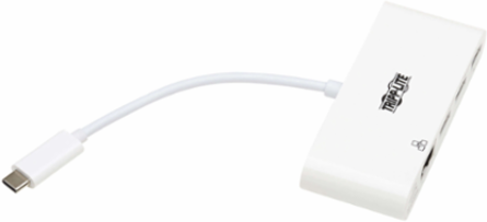 3-Port USB-C Hub with Gigabit Ethernet, Power Delivery, USB 3.0, White