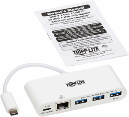 3-Port USB-C Hub with Gigabit Ethernet, Power Delivery, USB 3.0, White