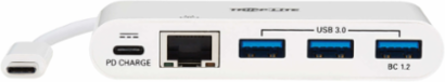 3-Port USB-C Hub with Gigabit Ethernet, Power Delivery, USB 3.0, White