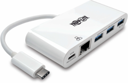 3-Port USB-C Hub with Gigabit Ethernet, Power Delivery, USB 3.0, White