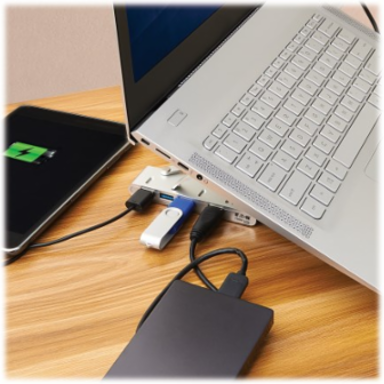 4-Port USB-C Hub with Laptop Stand - USB 3.x (5Gbps), 4x USB-A Ports, Thunderbolt 3 Compatible, 100W PD Charging, Silver