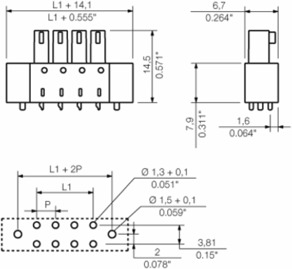 PCB Plug-in Connector 10 Poles, 3.81 mm Pitch, 180 Elbow, 1.5 mm Pin Length