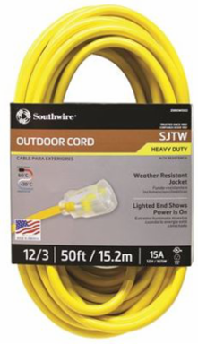 Southwire 2588SW0002 Outdoor Extension Cord- 12/3 American Made SJTW Heavy Duty 3 Prong Extension Cord- Great for Commercial Use, Gardening, and Major Appliances (50 Foot- Yellow)