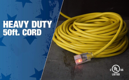 Southwire 2588SW0002 Outdoor Extension Cord- 12/3 American Made SJTW Heavy Duty 3 Prong Extension Cord- Great for Commercial Use, Gardening, and Major Appliances (50 Foot- Yellow)