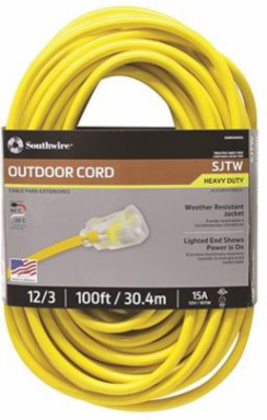 Southwire 2589SW0002 12/3 Heavy-Duty 15-Amp SJTW High Visibility General Purpose Extension Cord with Lighted End, 100'