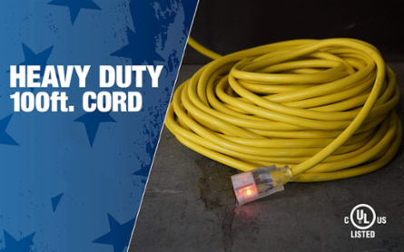 Southwire 2589SW0002 12/3 Heavy-Duty 15-Amp SJTW High Visibility General Purpose Extension Cord with Lighted End, 100'