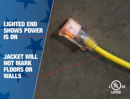 Southwire 2589SW0002 12/3 Heavy-Duty 15-Amp SJTW High Visibility General Purpose Extension Cord with Lighted End, 100'