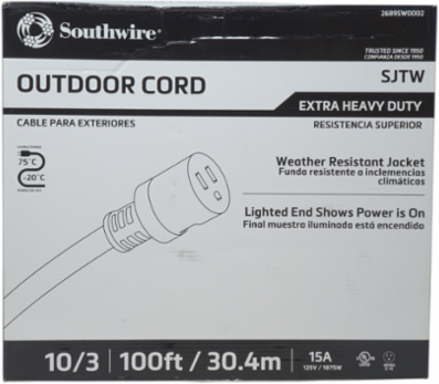 2689SW0002 - Southwire 2689SW0002 10/3 Extra Heavy-Duty 15-Amp SJTW High Visibility General Purpose Extension Cord with Lighted End, 100